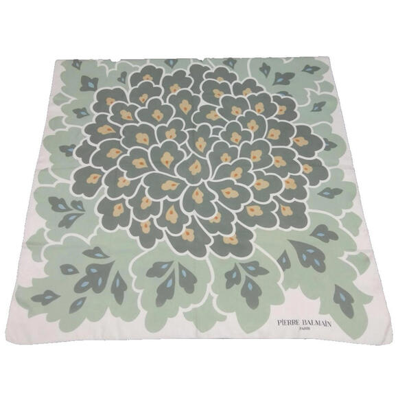 PIERRE BALMAIN Paris Fine Silk Scarf Green Leafs Hand...